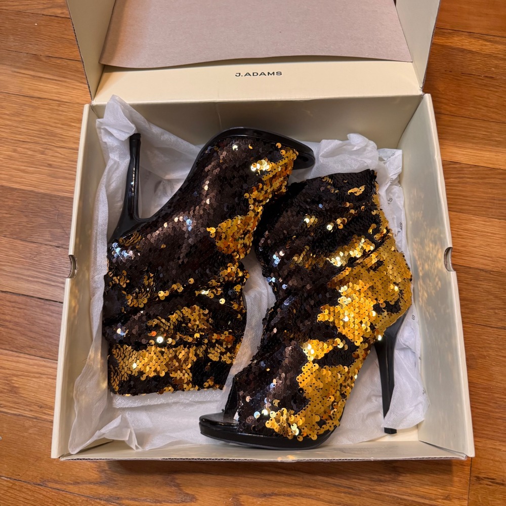 NWT J.Adams Giddyup Black Gold Sequin Peep Toe Stiletto Ankle Boots Size 9
